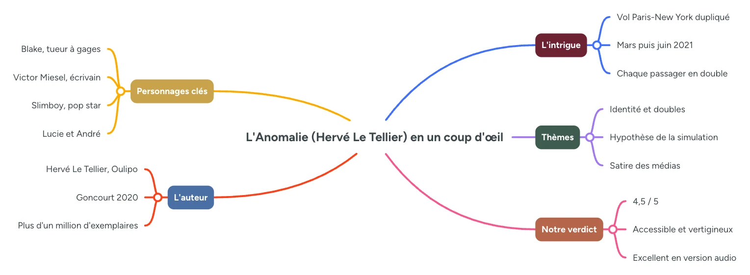 Infographie : L'Anomalie d'Herve Le Tellier en un coup d'oeil, intrigue, personnages, themes, auteur et verdict
