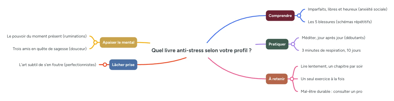 Infographie : quel livre anti stress selon votre profil, comprendre, apaiser le mental, pratiquer, lacher prise et points de vigilance