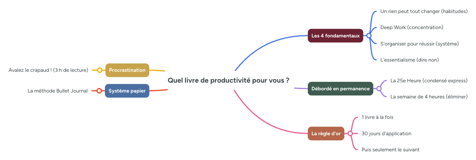 Infographie : quel livre de productivite selon votre blocage, fondamentaux, procrastination, surcharge et regle des 30 jours